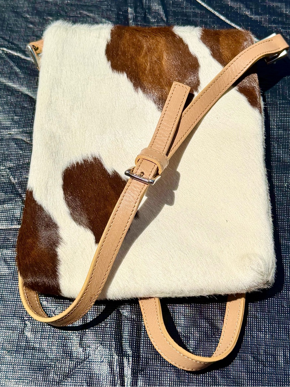 Casadei Italy Luxury Cow Print Calf Hair Crossbody Pouch Bag Silver Logo Plaque